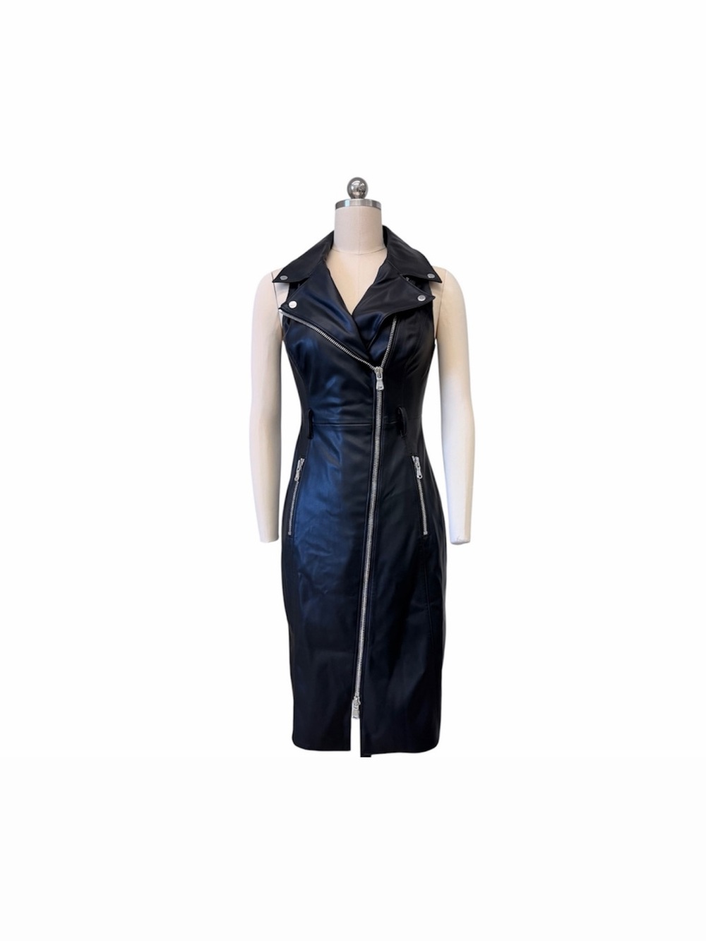 L’AGENCE Sleeveless Black Leather Zip-Front Dress Coat